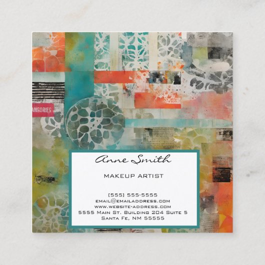 メイクアップアーティスト抽象芸術混合メディアコラージュ スクエア名刺 (裏面)