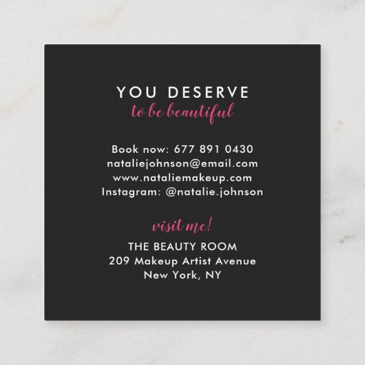 メイクアップアーティスト明るい赤紫色の唇モダン白美しい スクエア名刺 (裏面)