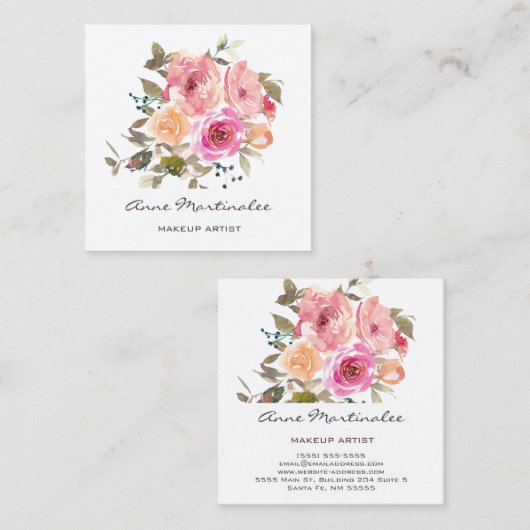 メイクアップアーティスト水彩フローラ スクエア名刺 (正面/裏面)