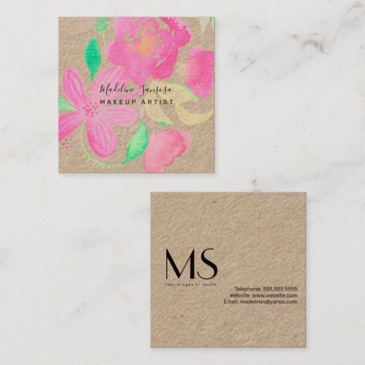 メイクアップアーティスト水彩植物性ピンクフローラ スクエア名刺 (正面/裏面)