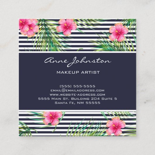 メイクアップアーティスト熱帯ピンクの花シダ海軍のライン スクエア名刺 (裏面)