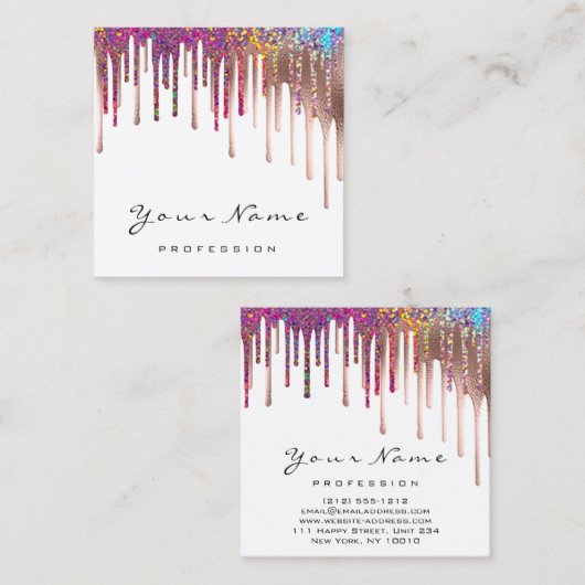 メイクアップアーティスト爪、 ネイルバラレインボーホログラフィードリップ スクエア名刺 (正面/裏面)