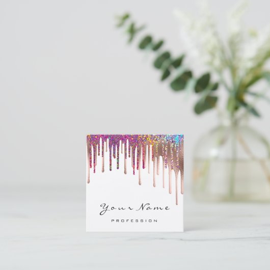 メイクアップアーティスト爪、 ネイルバラレインボーホログラフィードリップ スクエア名刺 (スタンド正面)
