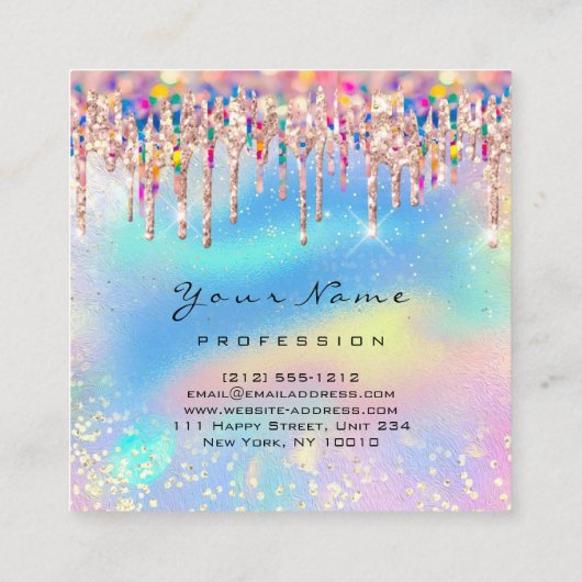 メイクアップアーティスト爪、 ネイルユニコーンピンクホログラフグラデーション スクエア名刺 (裏面)