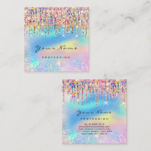 メイクアップアーティスト爪、 ネイルユニコーンピンクホログラフグラデーション スクエア名刺 (正面/裏面)
