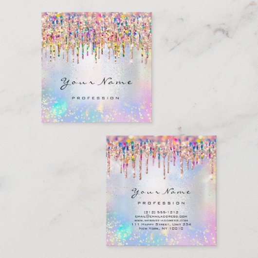 メイクアップアーティスト爪、 ネイルユニコーンブルーホログラフバラ スクエア名刺 (正面/裏面)