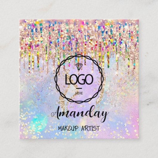 メイクアップアーティスト爪、 ネイルユニコーン金ゴールドホログラフィロゴQr スクエア名刺 (正面)