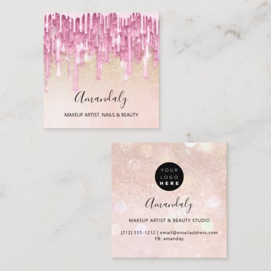メイクアップアーティスト爪、 ネイルロゴバラグリッター紙吹雪ピンク スクエア名刺 (正面/裏面)
