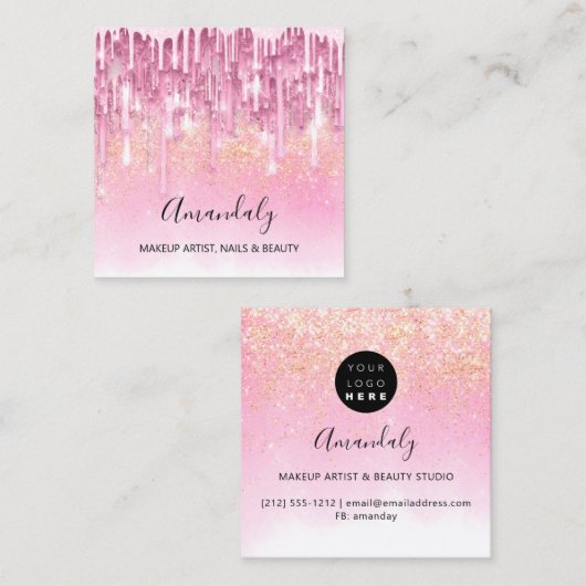 メイクアップアーティスト爪、 ネイルロゴバラグリッター紙吹雪ピンク スクエア名刺 (正面/裏面)