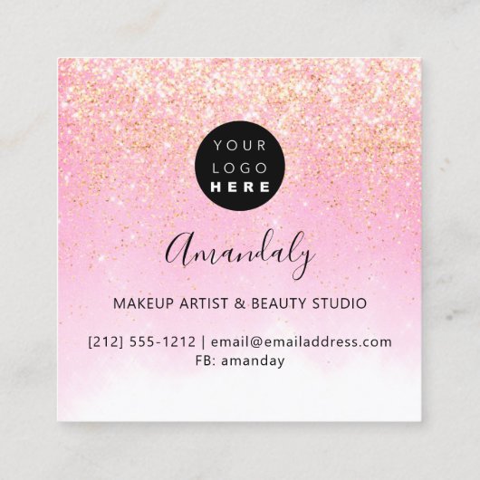 メイクアップアーティスト爪、 ネイルロゴバラグリッター紙吹雪ピンク スクエア名刺 (裏面)
