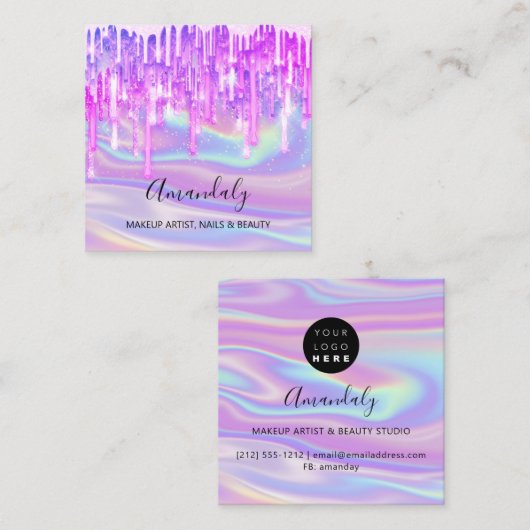 メイクアップアーティスト爪、 ネイルロゴピンクグリッターホログラフィーブルー スクエア名刺 (正面/裏面)
