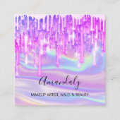 メイクアップアーティスト爪、 ネイルロゴピンクグリッターホログラフィーブルー スクエア名刺 (正面)