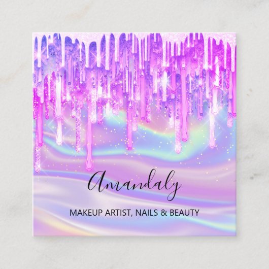 メイクアップアーティスト爪、 ネイルロゴピンクグリッターホログラフィーブルー スクエア名刺 (正面)
