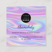 メイクアップアーティスト爪、 ネイルロゴピンクグリッターホログラフィーブルー スクエア名刺 (裏面)