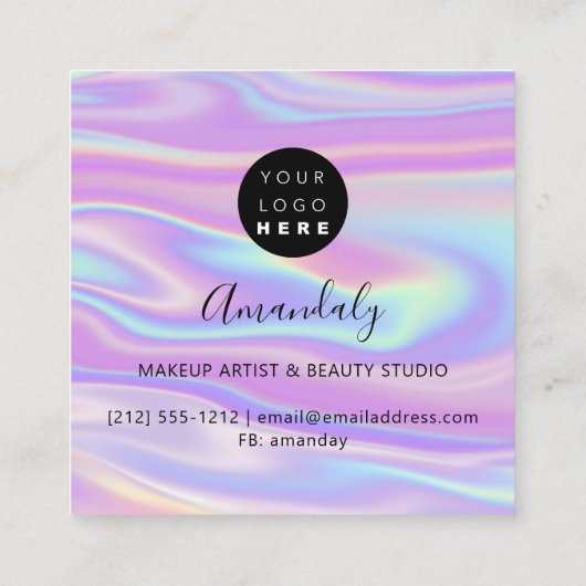 メイクアップアーティスト爪、 ネイルロゴピンクグリッターホログラフィーブルー スクエア名刺 (裏面)