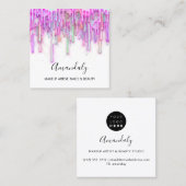 メイクアップアーティスト爪、 ネイルロゴピンクドリップズホログラフィーホワイト スクエア名刺 (正面/裏面)