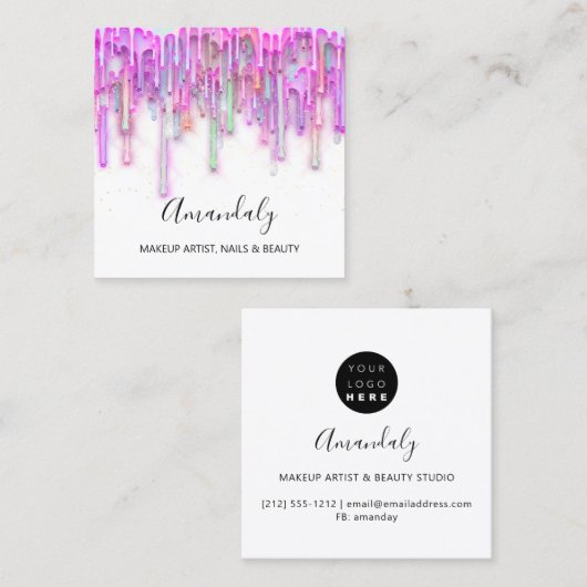 メイクアップアーティスト爪、 ネイルロゴピンクドリップズホログラフィーホワイト スクエア名刺 (正面/裏面)