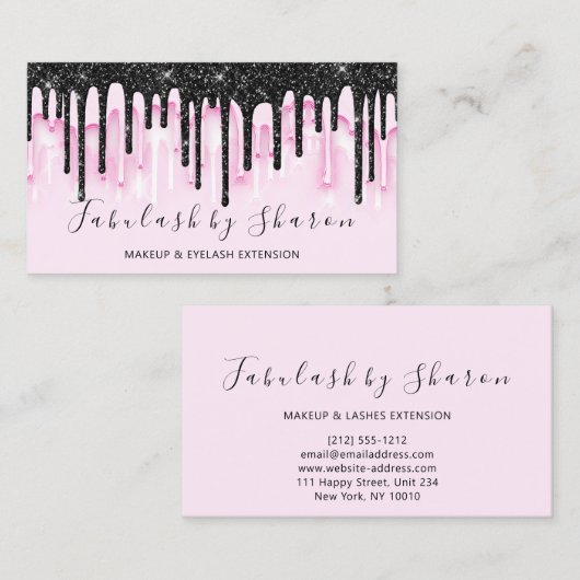 メイクアップアーティスト白まばゆみピンク黒ドリップ 名刺 (正面/裏面)