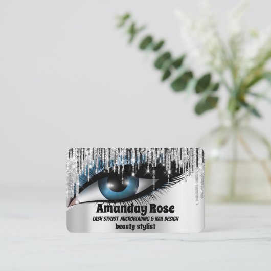 メイクアップアーティスト眉毛まくら銀ドリップ 名刺 (スタンド正面)