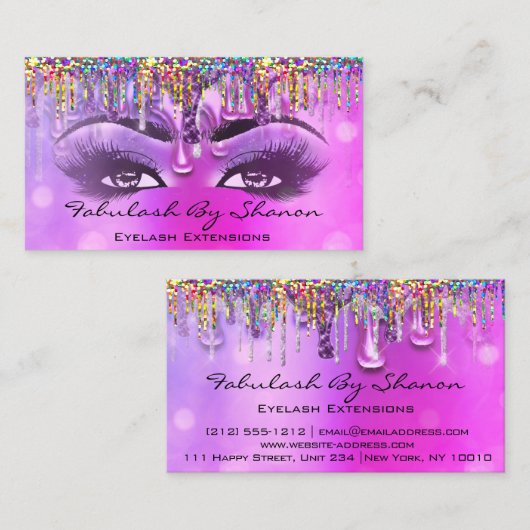 メイクアップアーティスト眉毛まつ毛ピンクドリップホログラフ 名刺 (正面/裏面)