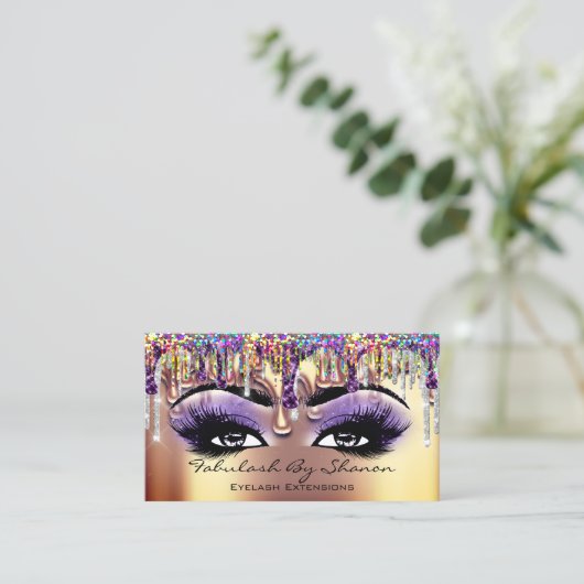 メイクアップアーティスト眉毛まつ毛金ゴールドドリップホログラフ 名刺 (スタンド正面)