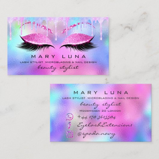 メイクアップアーティスト眉毛ラッシュホログラフピンクの滴 名刺 (正面/裏面)