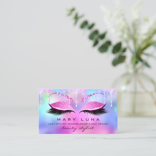 メイクアップアーティスト眉毛ラッシュホログラフピンクの滴 名刺 (スタンド正面)