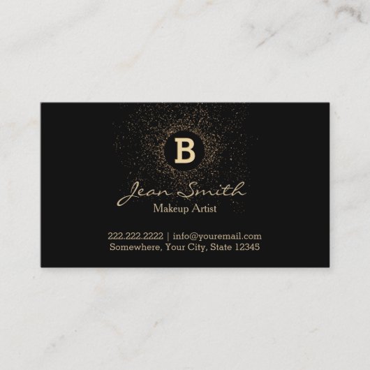 メイクアップアーティスト紙吹雪金ゴールドモノグラムモダン 名刺 (正面)