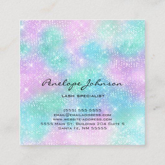 メイクアップアーティスト紫と青のキラキラエレガントク スクエア名刺 (裏面)