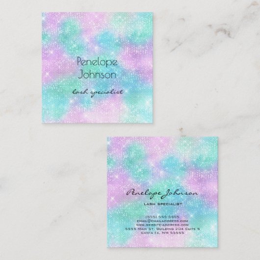 メイクアップアーティスト紫と青のキラキラエレガントク スクエア名刺 (正面/裏面)