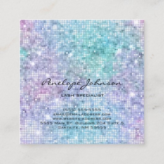 メイクアップアーティスト紫と青のキラキラ スクエア名刺 (裏面)