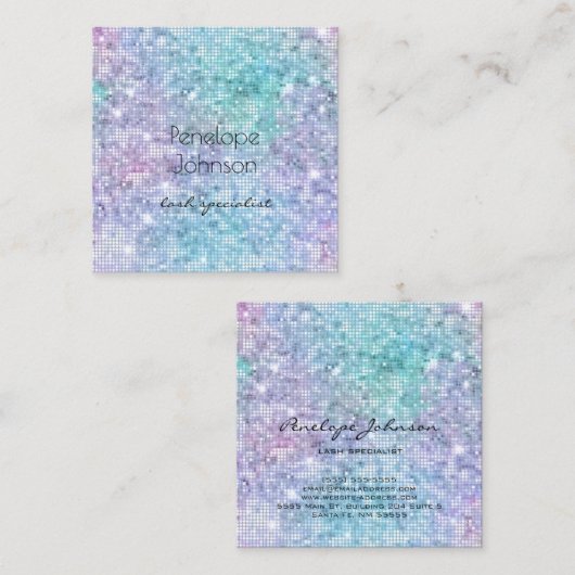 メイクアップアーティスト紫と青のキラキラ スクエア名刺 (正面/裏面)
