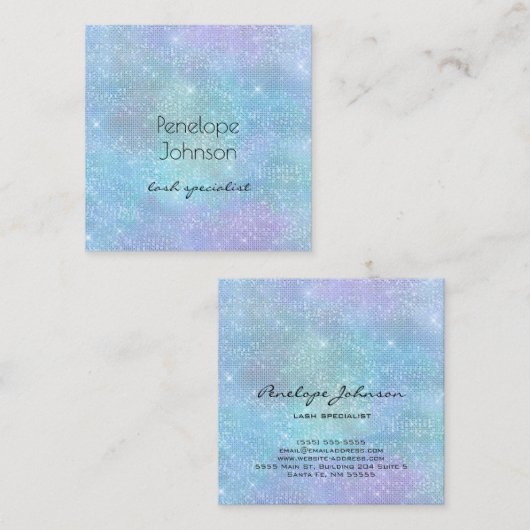 メイクアップアーティスト紫と青シャイニーエレガント スクエア名刺 (正面/裏面)