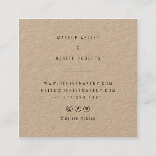 メイクアップアーティスト美しいクラフトミニマルタイポグラフィ スクエア名刺 (裏面)