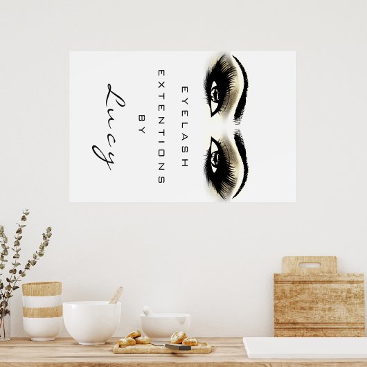 メイクアップアーティスト美しいサロンまばたき金ゴールドアイズホワイト ポスター (キッチン)