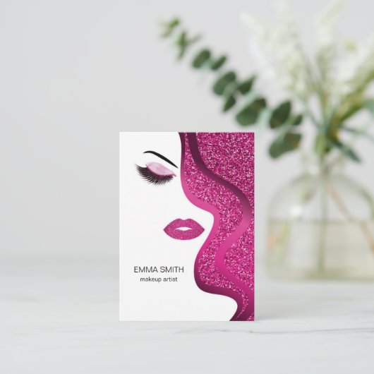 メイクアップアーティスト美しいサロンダークピンクグリッター 名刺 (スタンド正面)