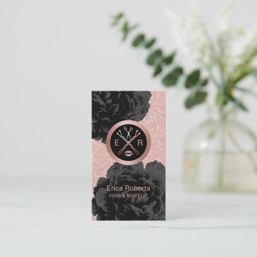 メイクアップアーティスト美しいサロンバラ金ゴールドブラックフローラ 名刺 (スタンド正面)