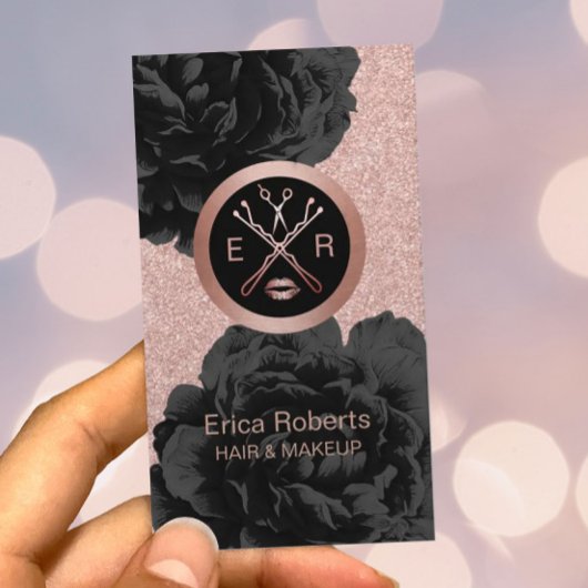 メイクアップアーティスト美しいサロンバラ金ゴールドブラックフローラ 名刺