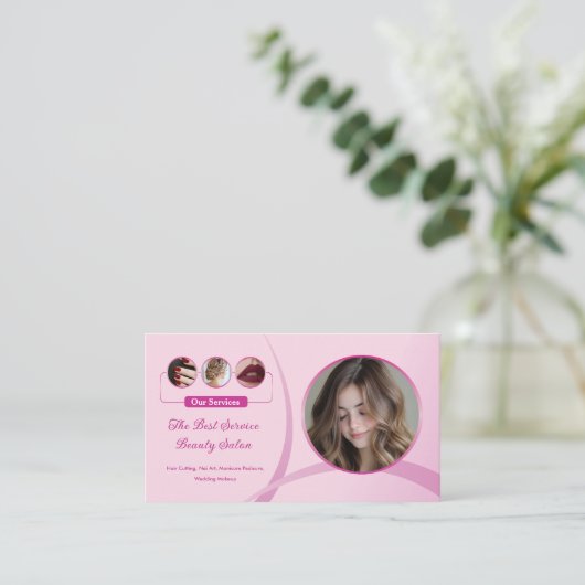 メイクアップアーティスト美しいサロンピンクフォトQRコードロゴ 名刺 (スタンド正面)