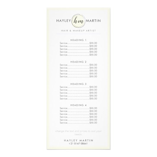 メイクアップアーティスト美しいサロンプロフェッショナル価格表 ラックカード (正面)