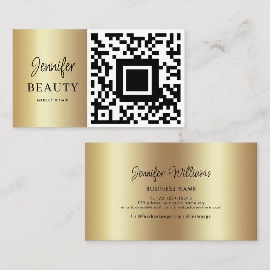 メイクアップアーティスト美しいサロンQRコードモダン金ゴールド 名刺 (正面/裏面)