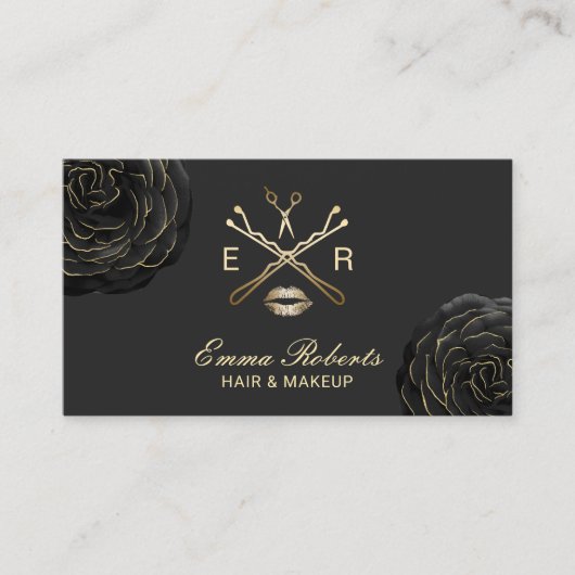 メイクアップアーティスト美容師エレガントブラックフローラ 名刺 (正面)