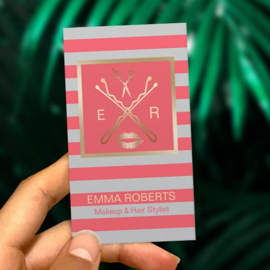 メイクアップアーティスト美容師コーラル&グレーストライプズ 名刺