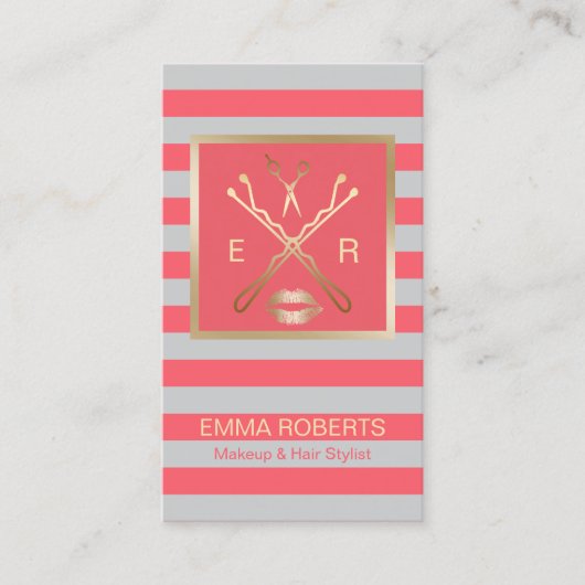 メイクアップアーティスト美容師コーラル&グレーストライプズ 名刺 (正面)