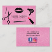メイクアップアーティスト美容師サロンホットピンクグリッター 名刺 (正面/裏面)