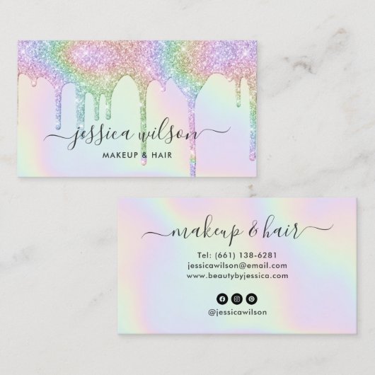 メイクアップアーティスト美容師シックなホログラフィックドリップ 名刺 (正面/裏面)