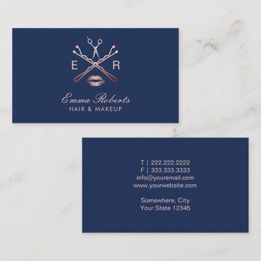 メイクアップアーティスト美容師バラ金ゴールドネイビーブルー 名刺 (正面/裏面)