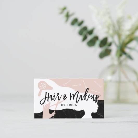 メイクアップアーティスト美容師ピンクブラックマーブルサロン 名刺 (スタンド正面)