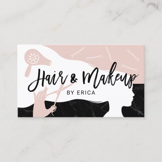 メイクアップアーティスト美容師ピンクブラックマーブルサロン 名刺 (正面)
