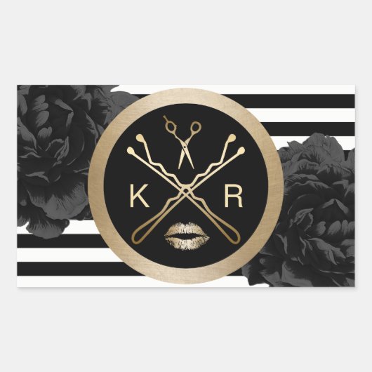 メイクアップアーティスト美容師ブラックフローラ モダン 長方形シール (正面)